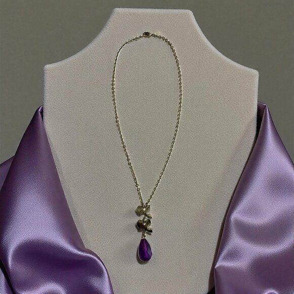 SAQ Silver Tone Floral Necklace with Purple Teardrop Pendant 10” Chain | Early 2 - Picture 4 of 5